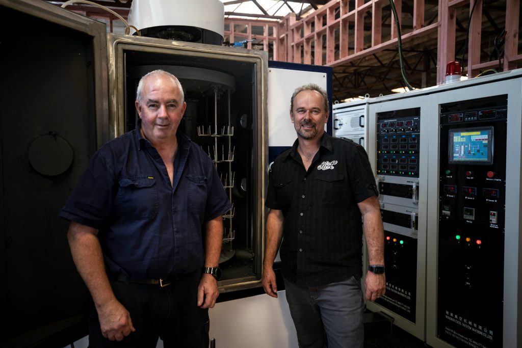 Picture of Shot Darts Head of Engineering Robbie Donaldson (left) and Managing Director Peter McCormick (right) with the company’s new titanium plating plant.