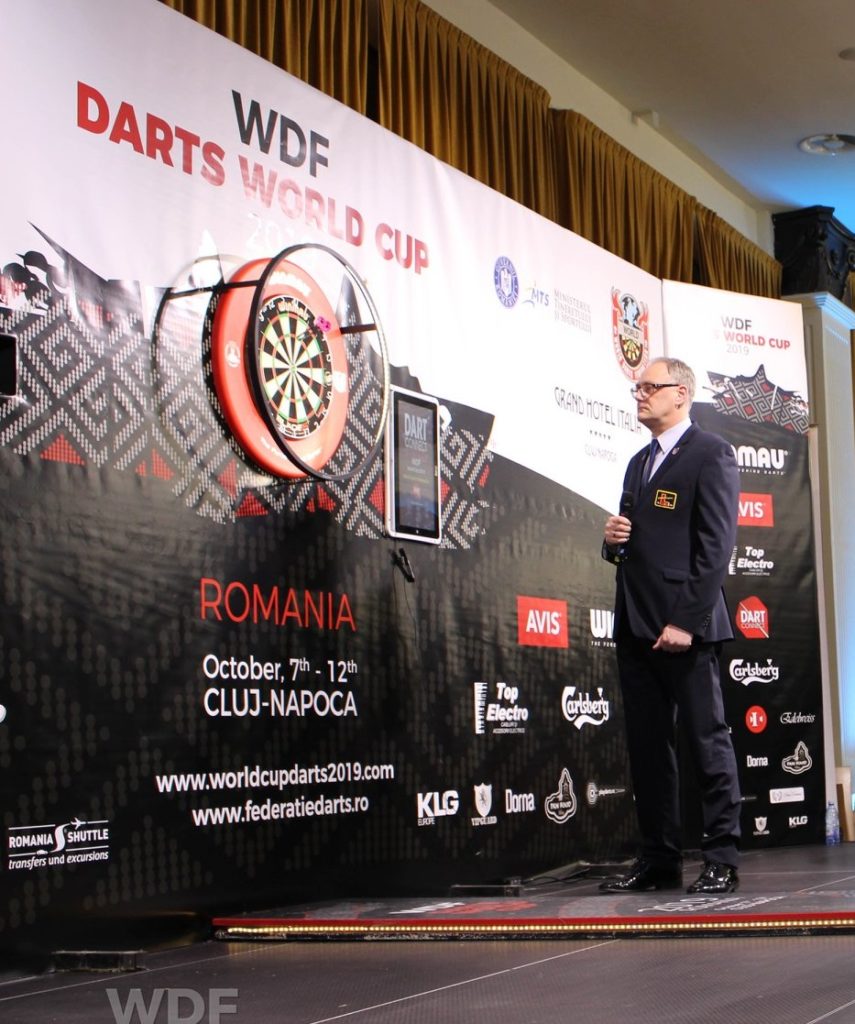 Picture of Nick Rolls on stage in 2019 WDF World Cup Romania