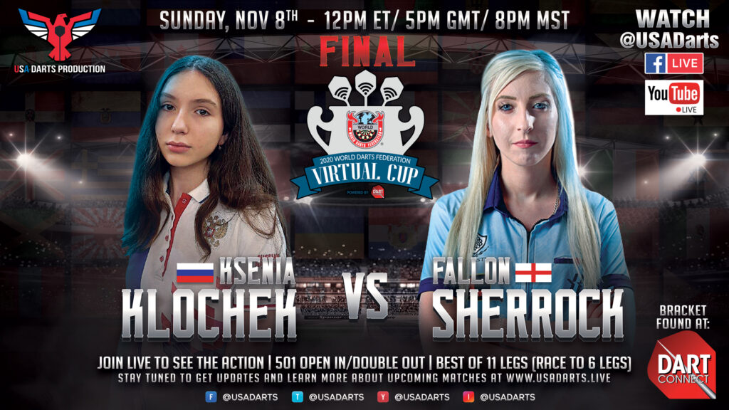 YouTube flyer Sun Nov 8 1700 UTC Womens Finals Fallon Sherrock (England) vs Ksenia Klochek (Russia)